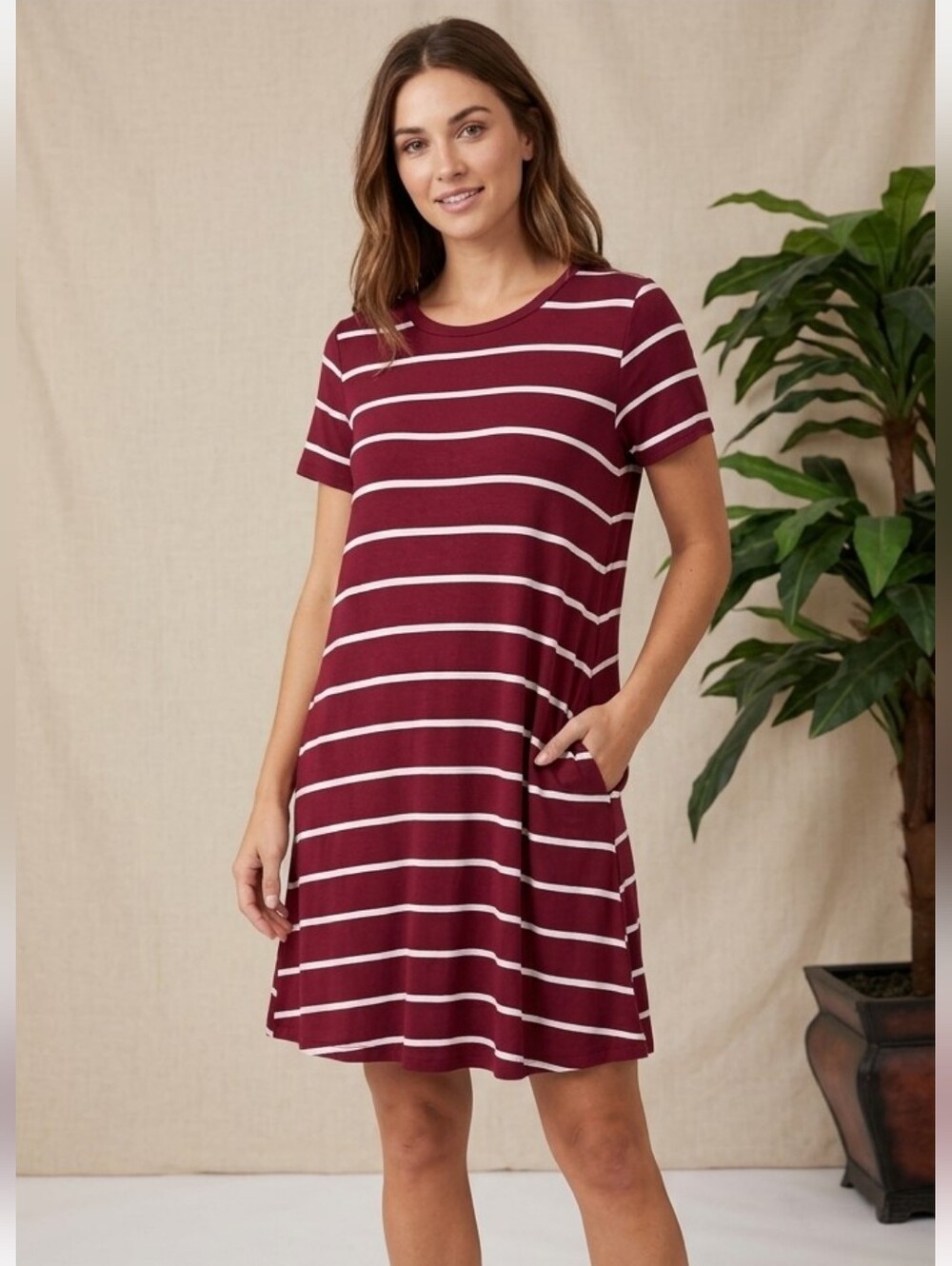 M Fasis Women's 1X Red/White Striped Midi Dress